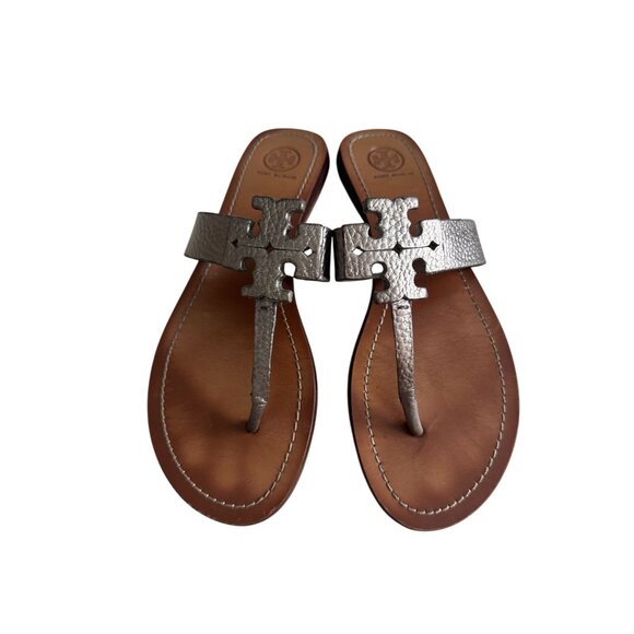 TORY BURCH Silver Pewter Leather Logo Sandals Size 10 - Picture 5 of 8